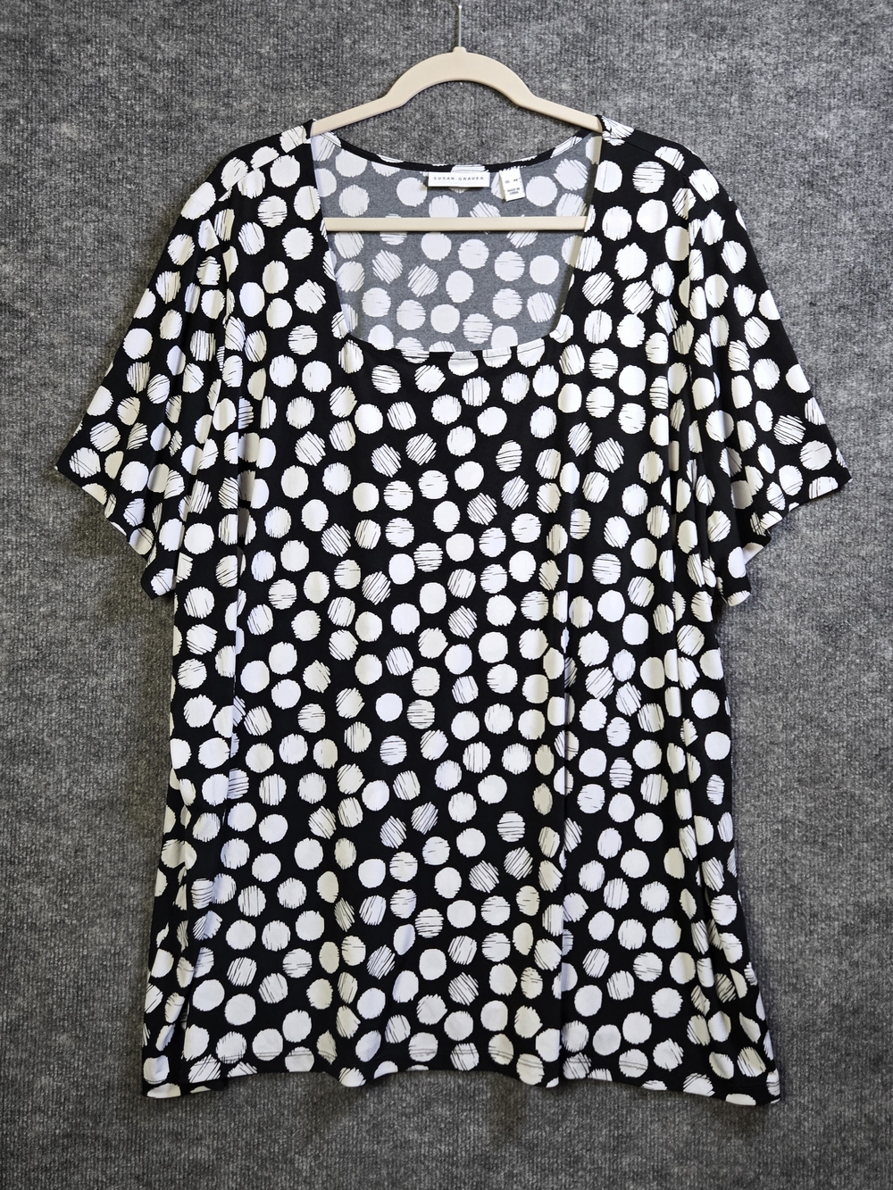 Susan Graver Top Womens 4X Black White Dots Liquid Knit Tunic Square Neck